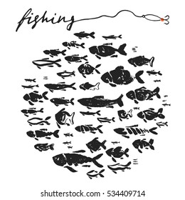 Fishing fish hand drawing ink paint brushing collection.