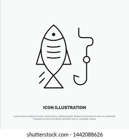 Fishing, Fish, Hook, Hunting Vector Line Icon