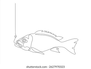 Pesca. O peixe olha para o anzol. Pesca debaixo d'água. linha de desenho contínuo. Traçado editável.
