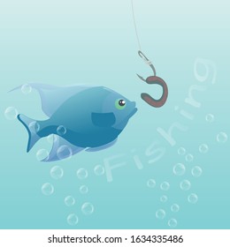 Fishing. The fish looks at the hook with the worm. Fishing under water. Fish hunts worm. Cartoon colorful hand drawn vector illustration