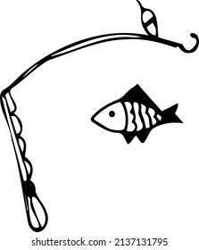 Fishing. Fish And Fishing Rod. Black And White Vector Illustration, Hand-drawn. Isolated Object On A White Background. Clipart, Template, Sketch.