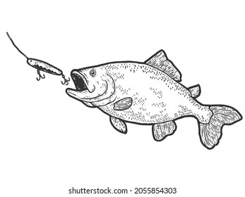 Fishing. Fish swallows bait. Sketch scratch board imitation. Black and white.