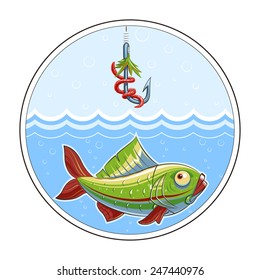 Fishing. Fish in water and fishhook. Eps10 vector illustration. Isolated on white background