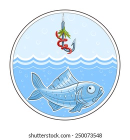 Fishing. Fish in water and fishhook. Eps10 vector illustration. Isolated on white background