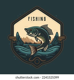 fishing fish in the water logo icon template design vector style illustration