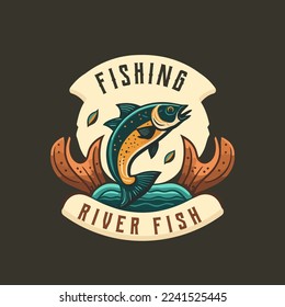 fishing fish in the water logo icon template design vector style illustration