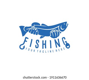 Fishing, fisher or fisherman holding fish, logo design. Fishing tackle, hook and float, vector design and illustration