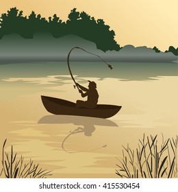 Fishing. Fisherman catches fish at sunrise. Morning nibble. A man in a boat floating on the lake. Person in the middle of the river throws the bait. Nature. Silhouettes. Vector.