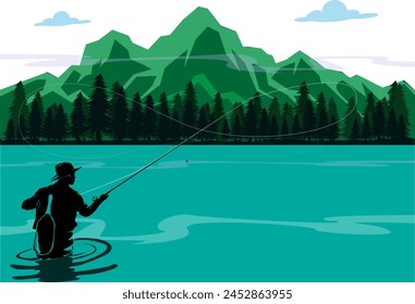 Fishing.Fly fisherman fishing.graphic fly fishing.Fishing with children at the river. Vector