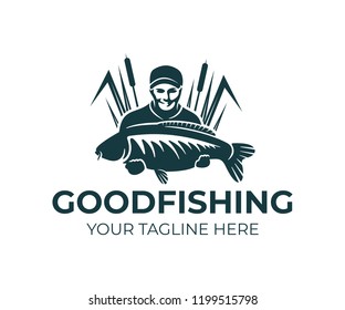 Fishing, fisherman holds carp fish and standing in the reeds, logo design. Fishing sport club and angler, nature, animal and underwater life, vector design and illustration