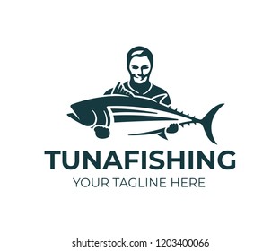 Fishing, fisherman holds tuna fish, logo design. Fishing sport club and angler, nature, animal and underwater life, vector design and illustration