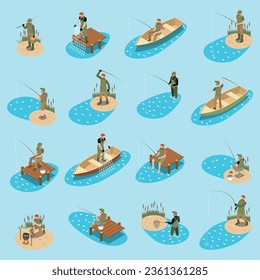 Juego de iconos isométricos de pescador con diferentes tipos de ilustraciones vectoriales de pesca y recreación