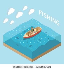 Fishing fisherman isometric isolated concept man fishing sitting in a boat in the water vector illustration