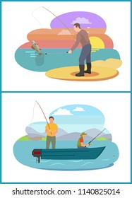 Fishing fisherman from motorboat and from bank. Standing and sitting fishers with fish-rods and landing net, isolated on landscape vector illustration