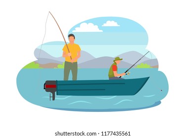 Fishing fisherman from motorboat vector illustration. Standing and sitting fisher with fish-rod, in sportswear isolated on landscape sport theme.