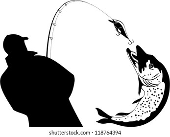 Fishing, fisherman and pike, vector illustration