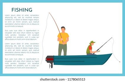 Fishing fisherman with rod in boat vector illustration. Sitting and standing fisher in motorboat in sportswear with fish-rod and spinning, sport theme