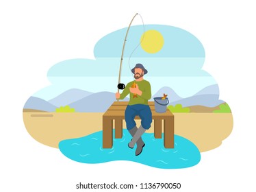 Fishing fisherman with rod and fish vector illustration. Fisher sitting on platform with fish-rod and full bucket isolated on landscape sport theme