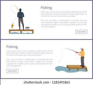 Fishing fisherman with rod on platform vector illustration. Standing fishers with tackle box in hat, catching fish isolated on white, sport theme.