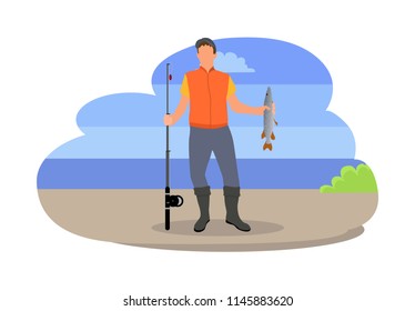 Fishing fisherman with rod vector illustration. Standing fisher with fish-rod and fish in hands, in sportswear, isolated on landscape, sport theme