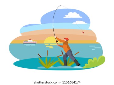 Fishing fisherman with rod vector illustration. Standing fisher casting fish-rod, man in sportswear, among bulrush, isolated on landscape sport theme