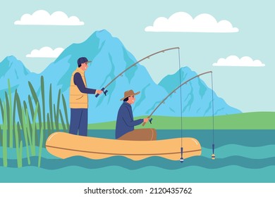 Fishing flat color background with two fishermen in inflatable boat holding fishing tackles for catching river fish vector illustration