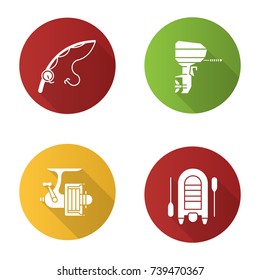 Fishing flat design long shadow glyph icons set. Spinning rod and reel, motor boat. Vector silhouette illustration