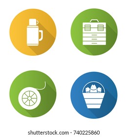 Fishing flat design long shadow glyph icons set. Bucket with catch, thermos, fishing line spool, tackle box. Vector silhouette illustration