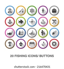 Fishing flat icons/ buttons with shadow. 