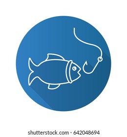 Fishing flat linear long shadow icon. Fish with hook. Vector outline symbol