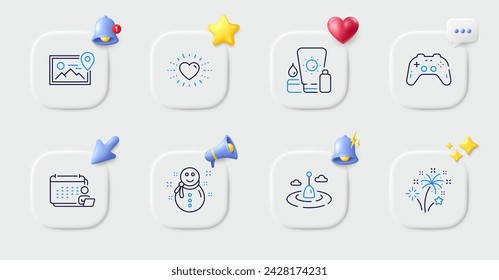 Fishing float, Fireworks and Accounting line icons. Buttons with 3d bell, chat speech, cursor. Pack of Sunscreen, Heart, Photo location icon. Snowman, Gamepad pictogram. For web app, printing. Vector