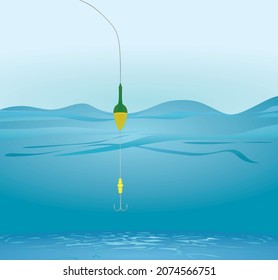 Fishing float and hook in sea. vector