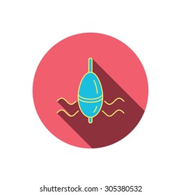 Fishing float icon. Bobber in waves sign. Angling symbol. Red flat circle button. Linear icon with shadow. Vector