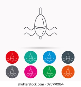 Fishing float icon. Bobber in waves sign. Angling symbol. Linear icons in circles on white background.