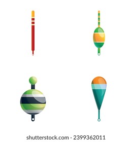 Fishing float icons set cartoon vector. Various colored float. Equipment for fishing on lake or river