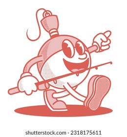 Fishing float mascot character with a fishing rod and walks happily