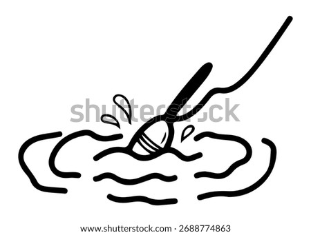 Fishing float sticking out of water. Hand drawn doodle vector. Bite signal. Seafood catch. Lake recreation. Fishing equipment. Line art illustration.