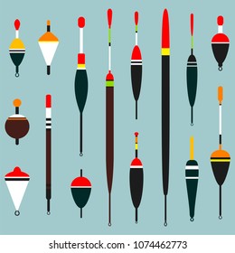 Fishing float. Vector illustration. Set of sports equipment for fishing. Fifteen colored floats, different shapes and sizes. Bobber shows the fisherman the presence of fish on the hook.