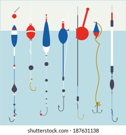 Fishing floats and hooks, tackle, stock vector