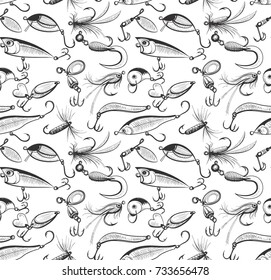 Fishing and fly fishing lures seamless pattern. Background or texture for your design. Sketch style vector illustration on white background.