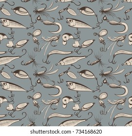 Fishing and fly fishing lures seamless pattern. Background or texture for your design. Sketch style vector illustration.