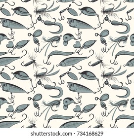 Fishing and fly fishing lures seamless pattern. Background or texture for your design. Sketch style vector illustration.