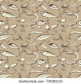 Fishing and fly fishing lures seamless pattern. Background or texture for your design. Sketch style vector illustration.