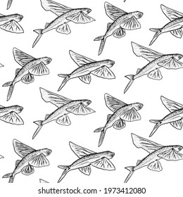 Fishing. Flying fish seamless pattern. Hand drawn vector fish. Sea, river or ocean fish. Design for fishing catch or fisher sport club. Fish market, menu seafood. Design template, banner