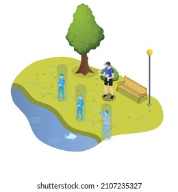 Pesca de futuros juegos en metaverso concepto vectorial 3d isométrico para banner, sitio web, ilustración, página de aterrizaje, volante, etc.