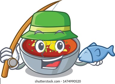 Fishing gazpacho dishes above wooden table character