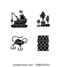 Fishing gear black glyph icons set on white space. Boat fishing. Variety of plastic baits, wobbler. Fishering from boat, commercial fishing. Silhouette symbols. Vector isolated illustration