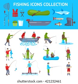 Fishing gear and equipment flat icons collection with fisherman in motorboat catching fish banners abstract vector illustration 