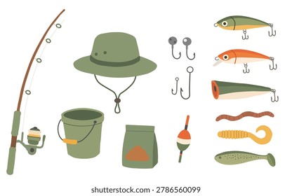Fishing gear and equipment set including a spinning rod with reel, khaki bucket, safari sun hat, bait bag, float, metal hooks, and various colorful wobbler lures isolated on a white background. Outdoor recreation graphic kit.