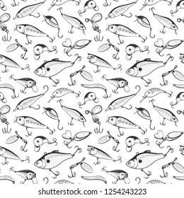 Fishing gear - lures and baits for spinning - seamless pattern. Background or texture for your design. Sketch style vector illustration on white background.